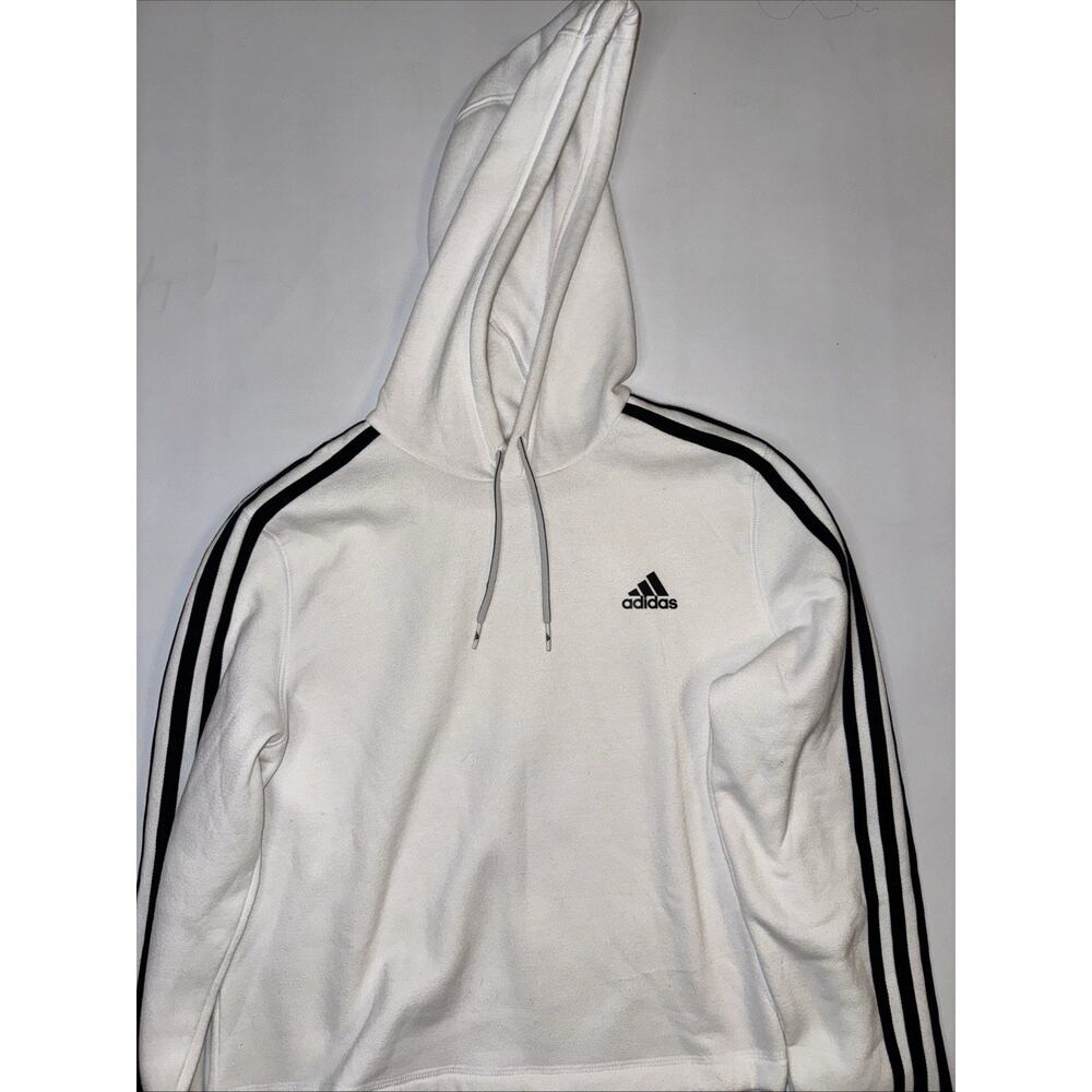 Adidas Hoodie Womens Medium White 3-Stripes Cropped Pullover Sweatshirt NWT